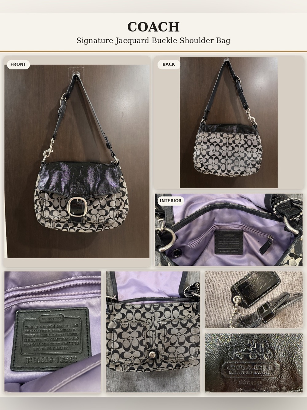 COACH Black Leather Flap Signature Jacquard Shoulder Bag with Purple Interior